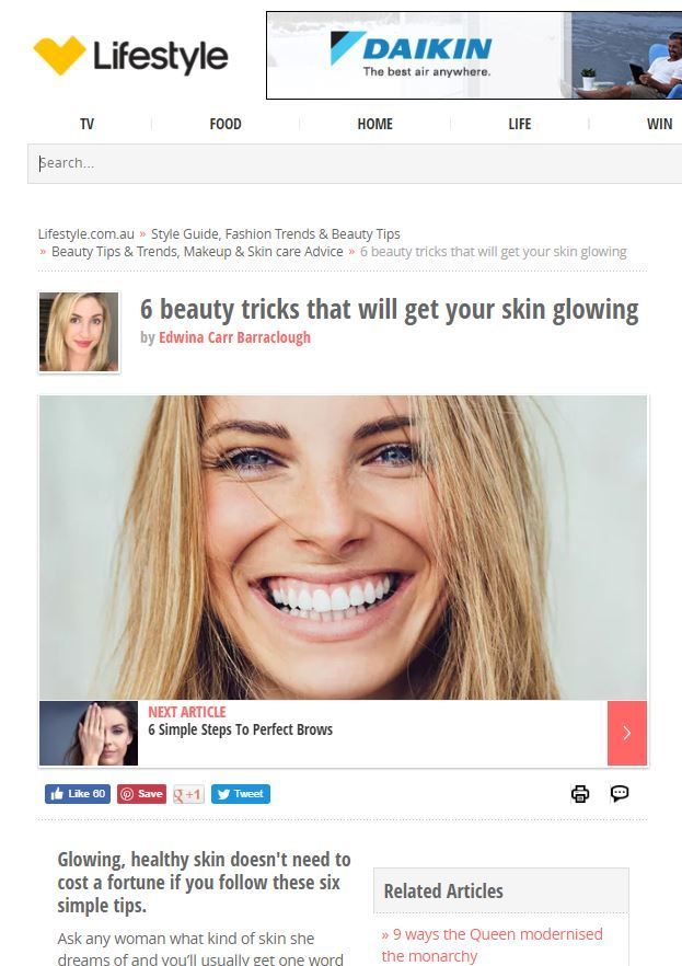 Woman smiling with glowing skin; lifestyle article about beauty tips.