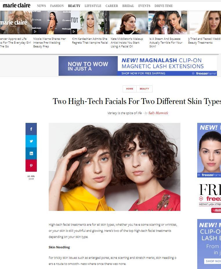 Two young women pose in front of a white background; one in yellow, the other in red, promoting high-tech facials.