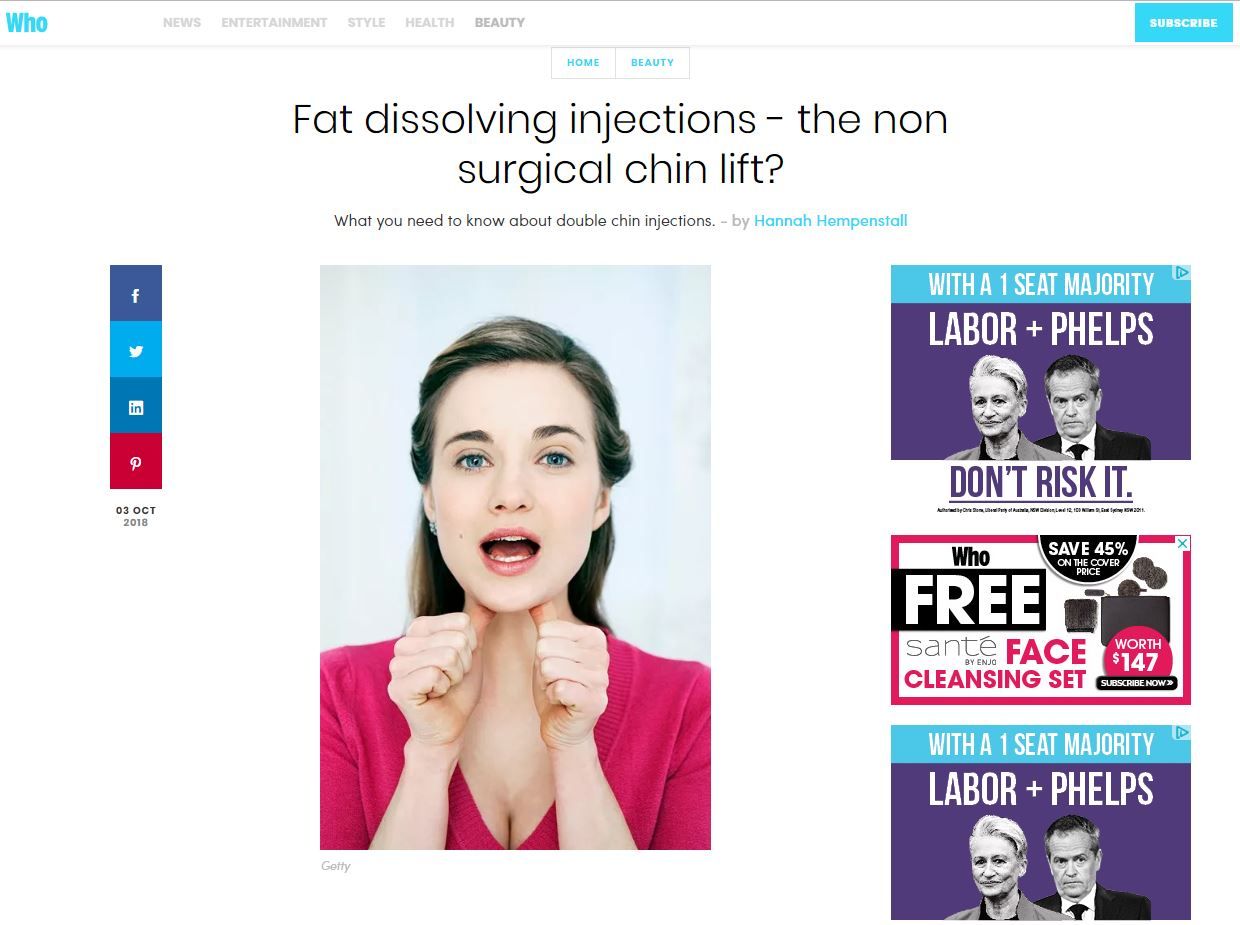 Woman touching her chin, article about fat-dissolving injections. Side ads for a political group and free face cleanser.