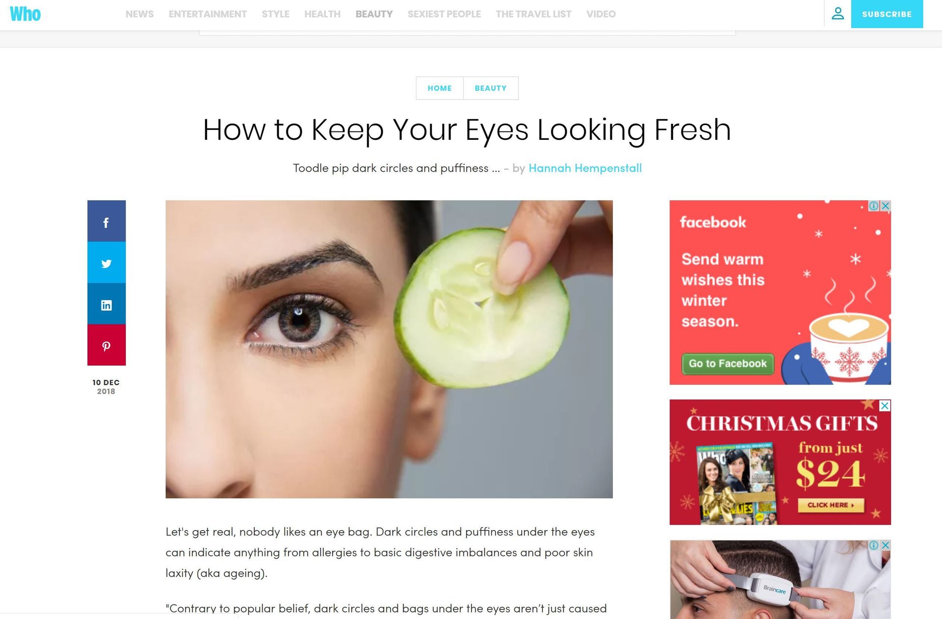 Woman holding cucumber slice near eye. Article about keeping eyes fresh.