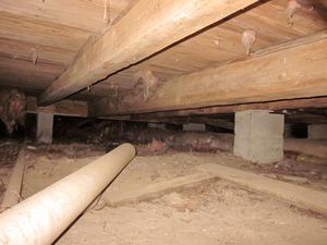 Wooden beams supported by concrete blocks in a crawl space; a large pipe runs diagonally.
