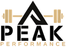 Logo for Peak Performance: Black and gold. An inverted triangle with a barbell above the word "PEAK". "PERFORMANCE" is below.
