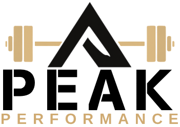Logo for Peak Performance: Black and gold. An inverted triangle with a barbell above the word "PEAK". "PERFORMANCE" is below.