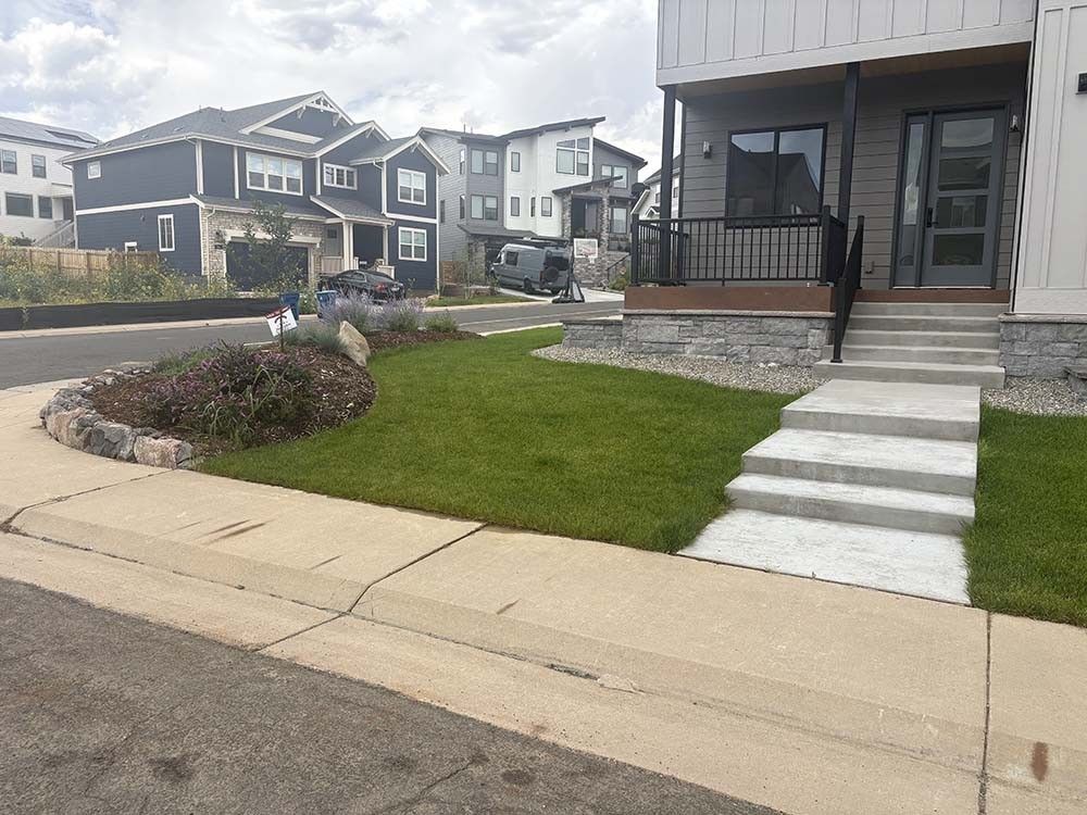 A suburban house front with a green lawn, stone stairs, and a sidewalk leading to the porch, with neighboring homes nearby.