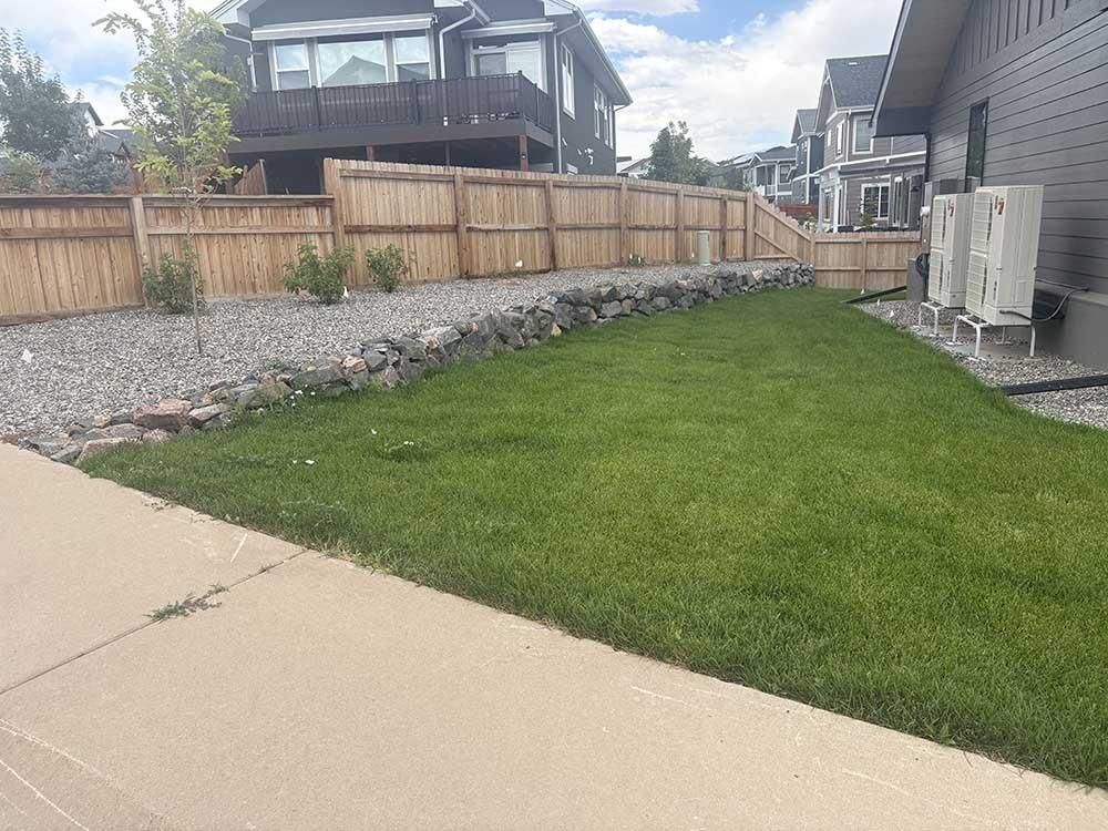A suburban backyard with a manicured green lawn, a rock-lined retaining wall, and a wooden privacy fence.