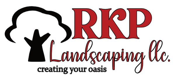 Logo for RKP Landscaping LLC featuring a stylized tree silhouette next to red text with the slogan, "creating your oasis."
