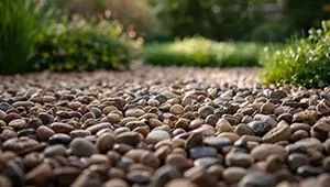 A close-up of rounded brown garden pebbles covering the ground, with soft-focus green plants in the background.