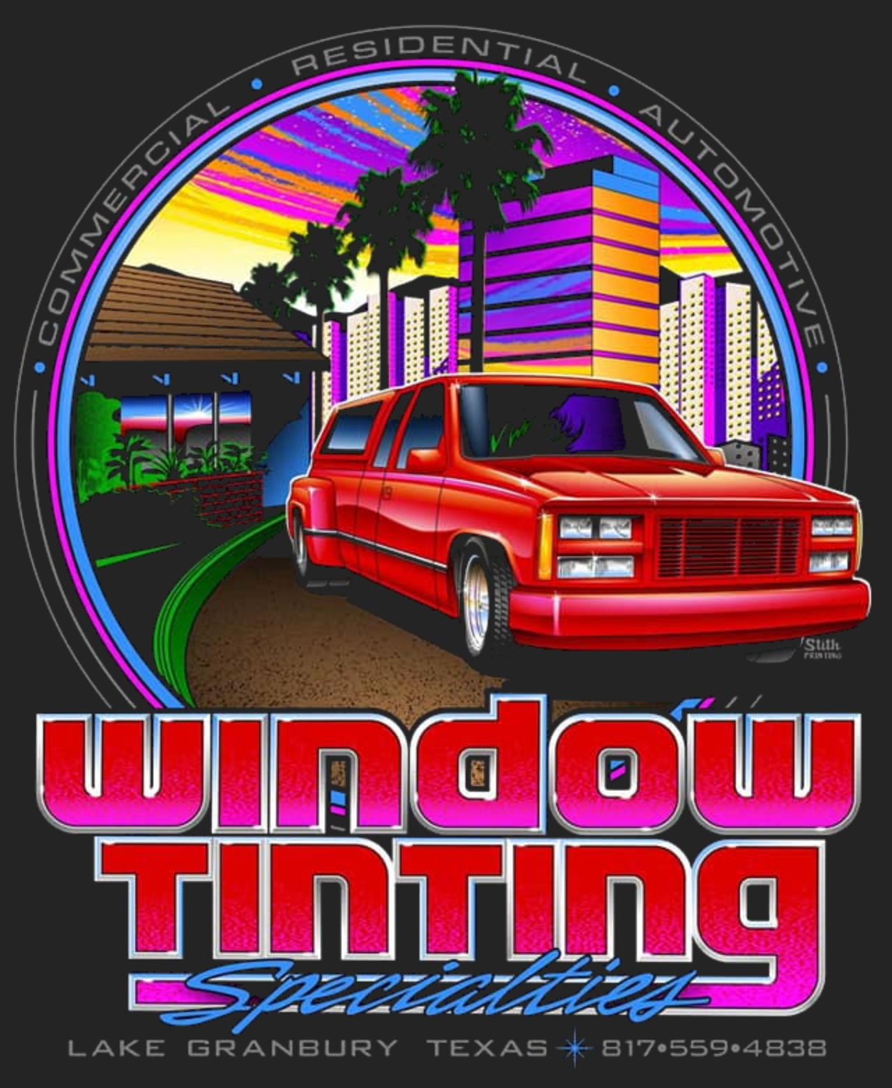 Red truck in front of a city scene with window tinting advertisement.