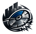 Stylized metallic disc with blue accents in front of dark city skyline