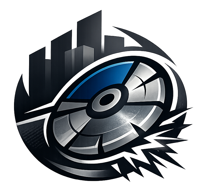 Stylized metallic disc with blue accents in front of dark city skyline