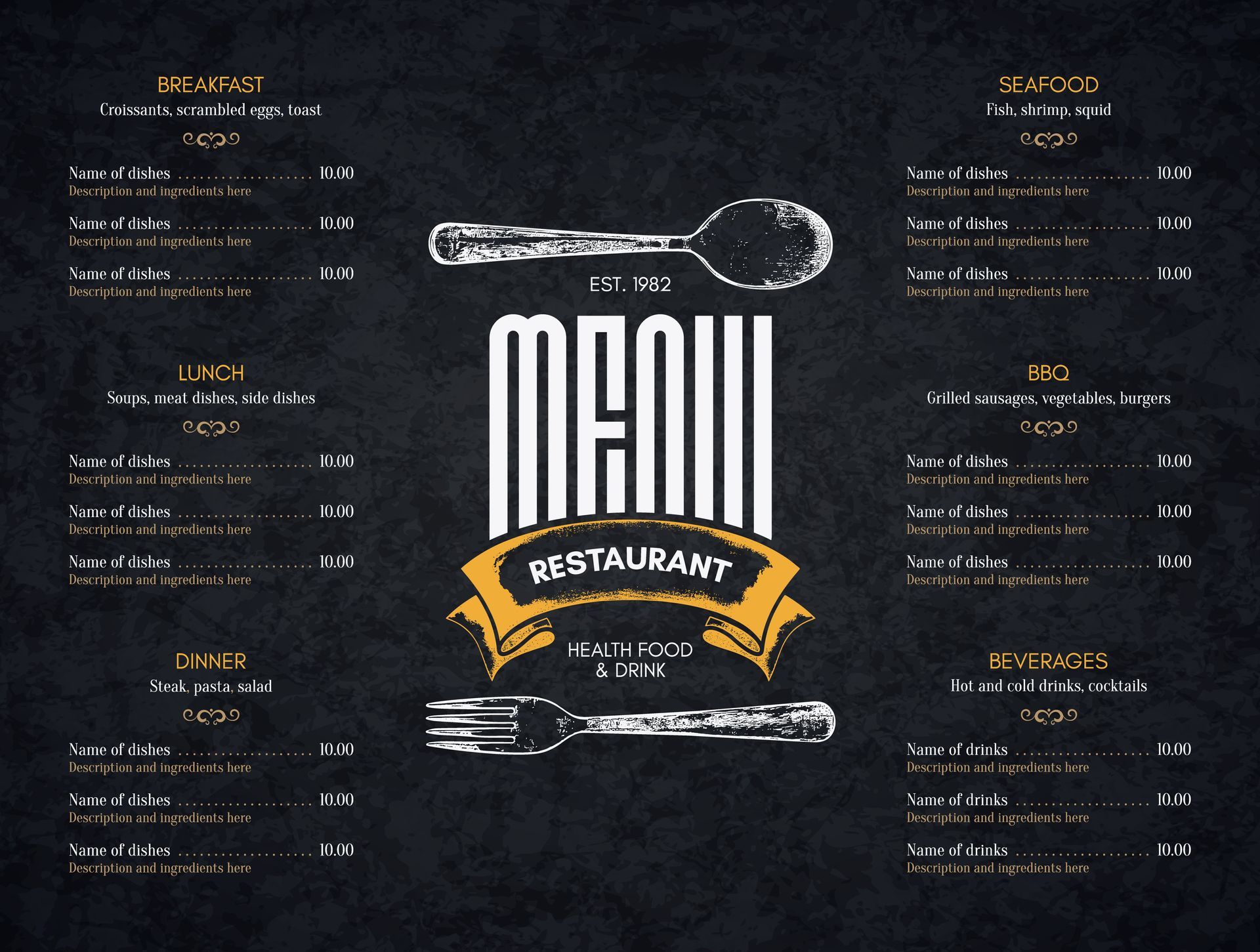 Restaurant menu with breakfast, lunch, dinner, seafood, and beverage options on a black background.