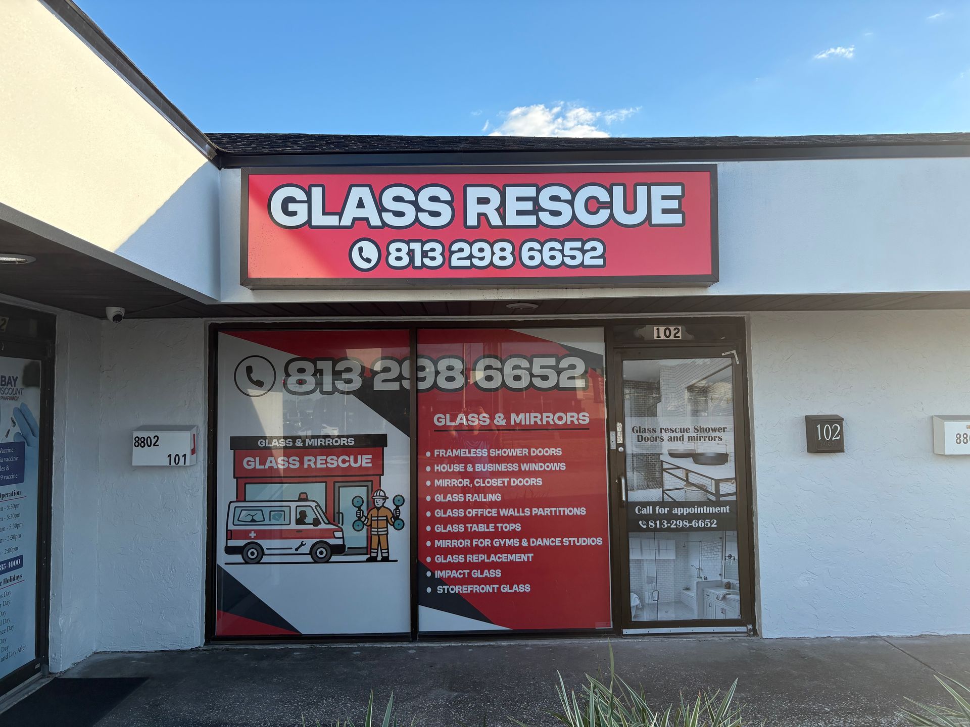 Glass Rescue storefront with red and white signage. Phone number 813-288-6652.