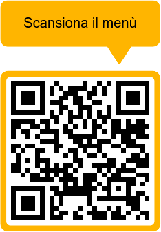 Un codice qr con un fumetto giallo che dice scansiona il menu