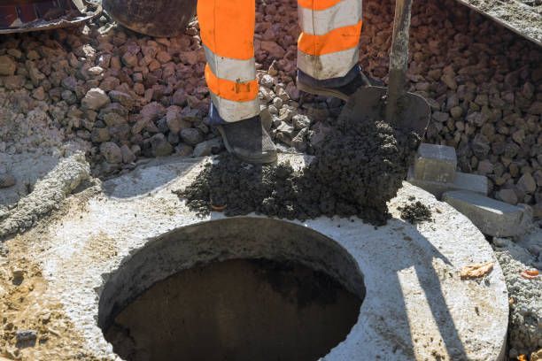 A construction worker from K & G Plumbing & Heating works on preparation for Sewer Installation in Hastings, NE