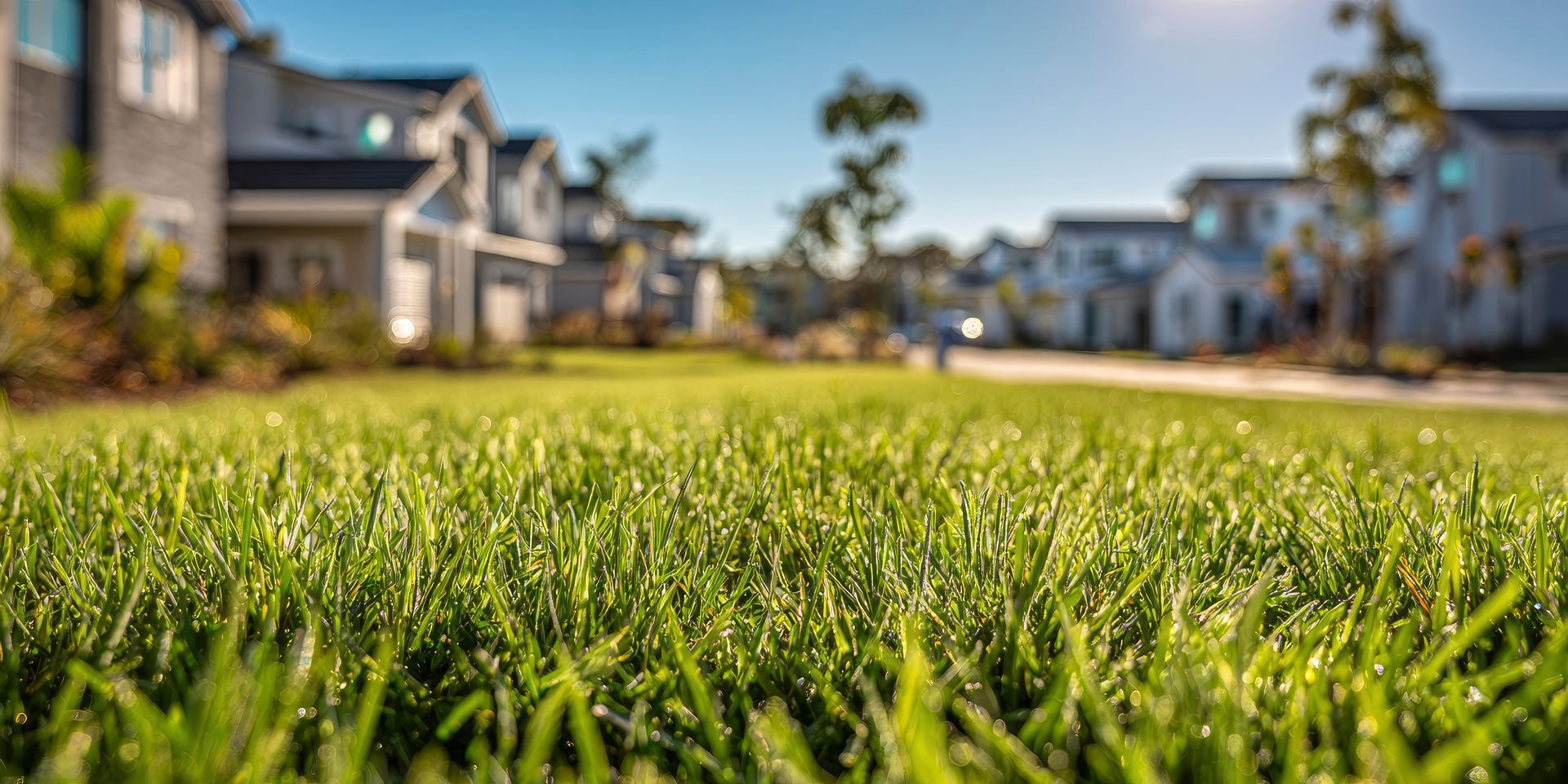 Low-angle view of a green lawn in a suburban neighborhood with houses blurred in the background