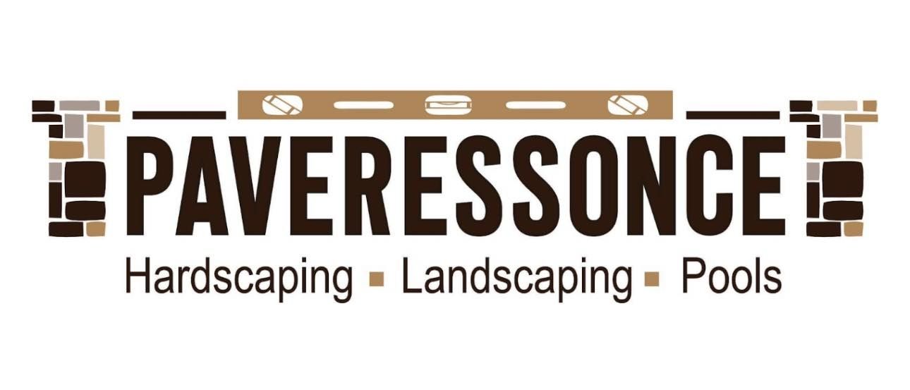 Logo for Paveressonce: name above services; includes hardscaping, landscaping and pools. Brown, tan and grey tones.