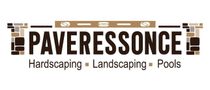 Logo for Paveressonce: name above services; includes hardscaping, landscaping and pools. Brown, tan and grey tones.