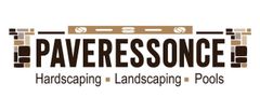 Logo for Paveressonce: name above services; includes hardscaping, landscaping and pools. Brown, tan and grey tones.