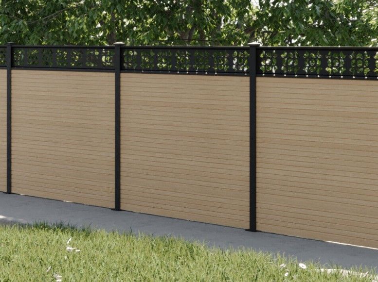 Composite Gates UK black decorative trellis on top of natural timber composite fencing