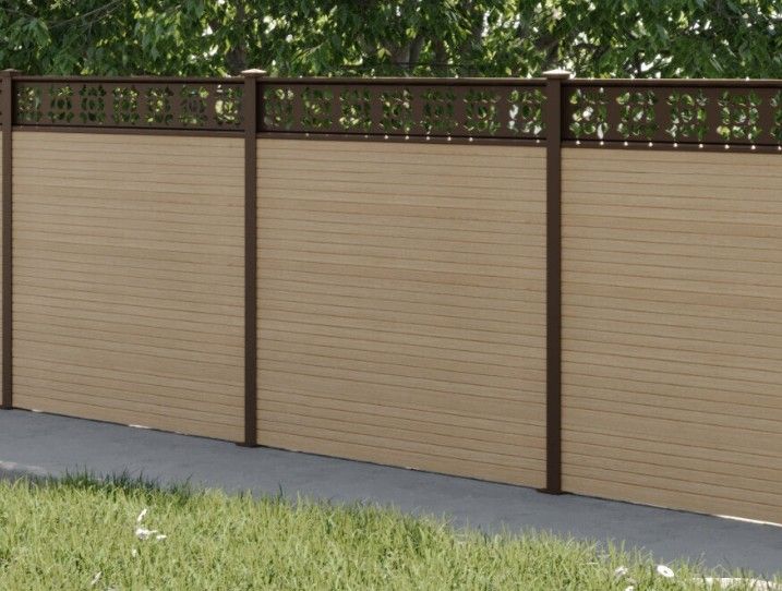 Composite Gates UK brown decorative trellis on natural timber composite fencing