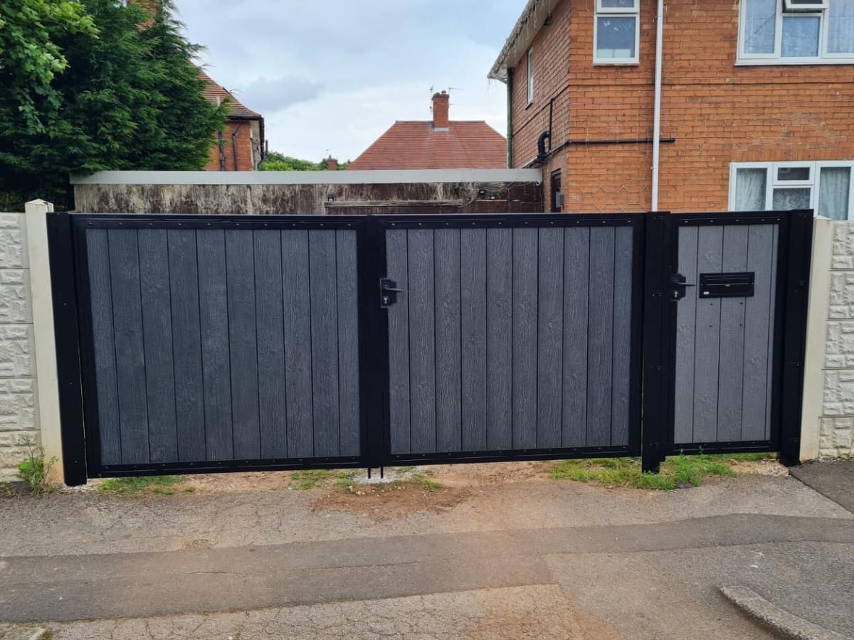 Composite Gates UK composite driveway gate with a pedestrian gate  with letterbox - outside view