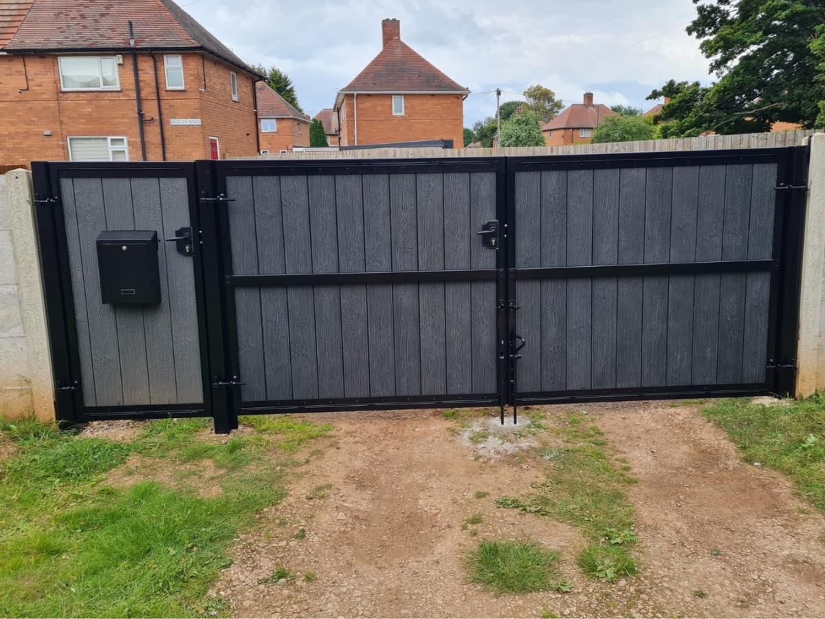 Composite Gates UK composite driveway gate with a pedestrian gate  with letterbox - inside view