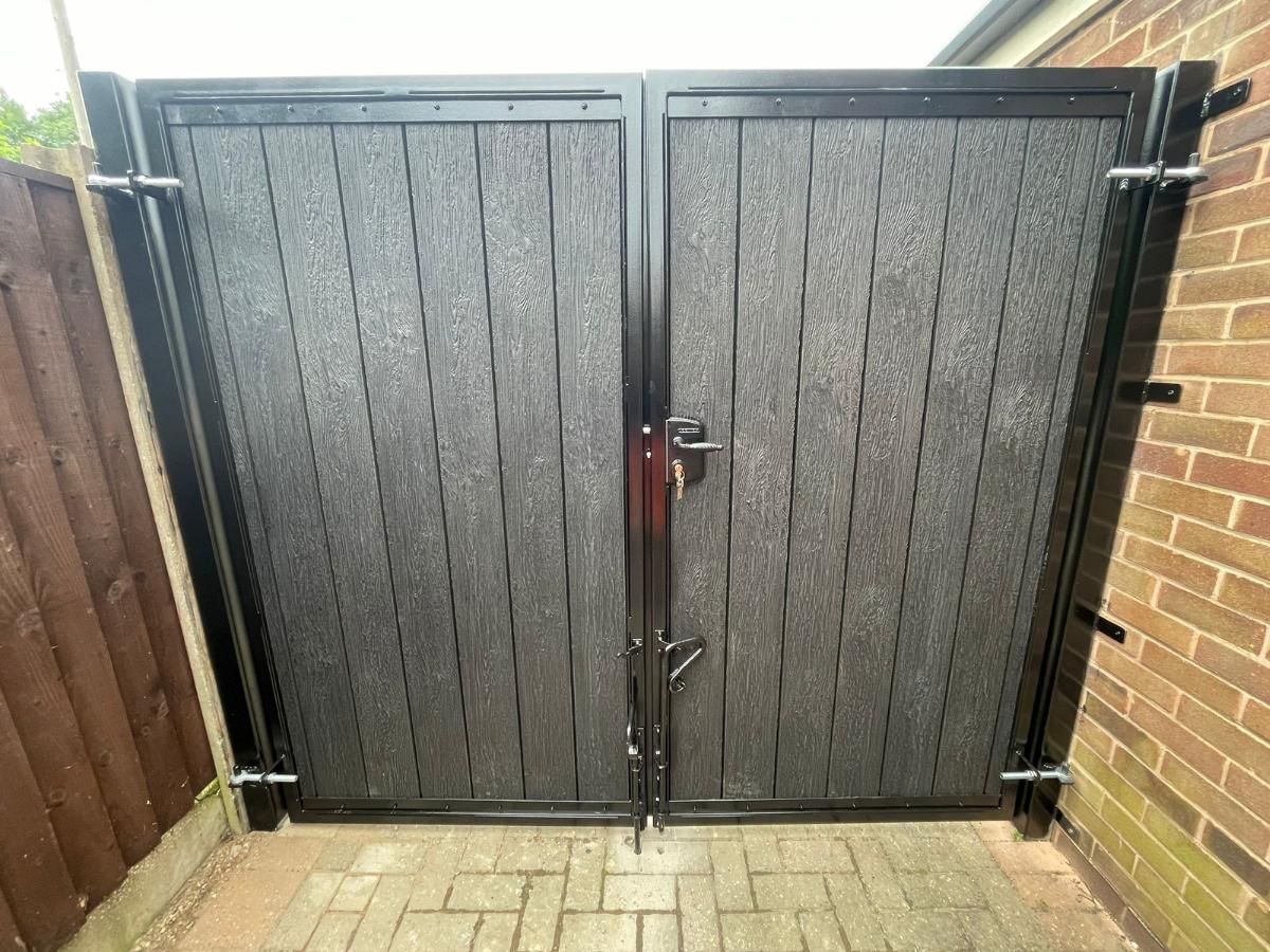 Composite Gates UK front garden pedestrian arched composite garden gate with fleur de lis and letterbox - inside view