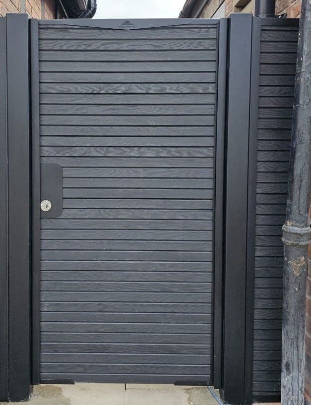 grey composite garden gate with screen topper in Blackpool