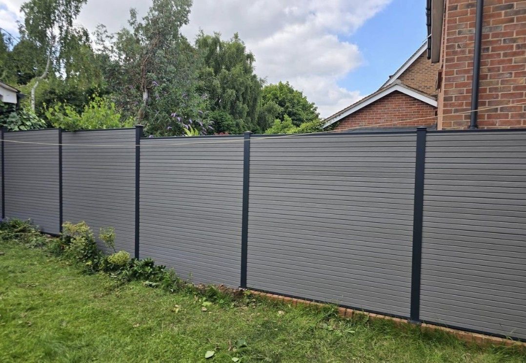 Composite Gates UK light grey composite panel fence with black fence posts in Preston