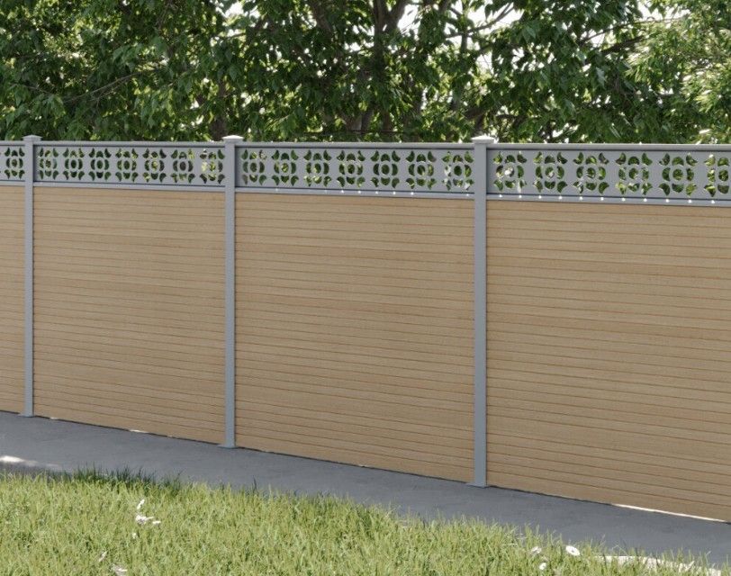 Composite Gates UK olive green decorative trellis on natural timber composite fencing