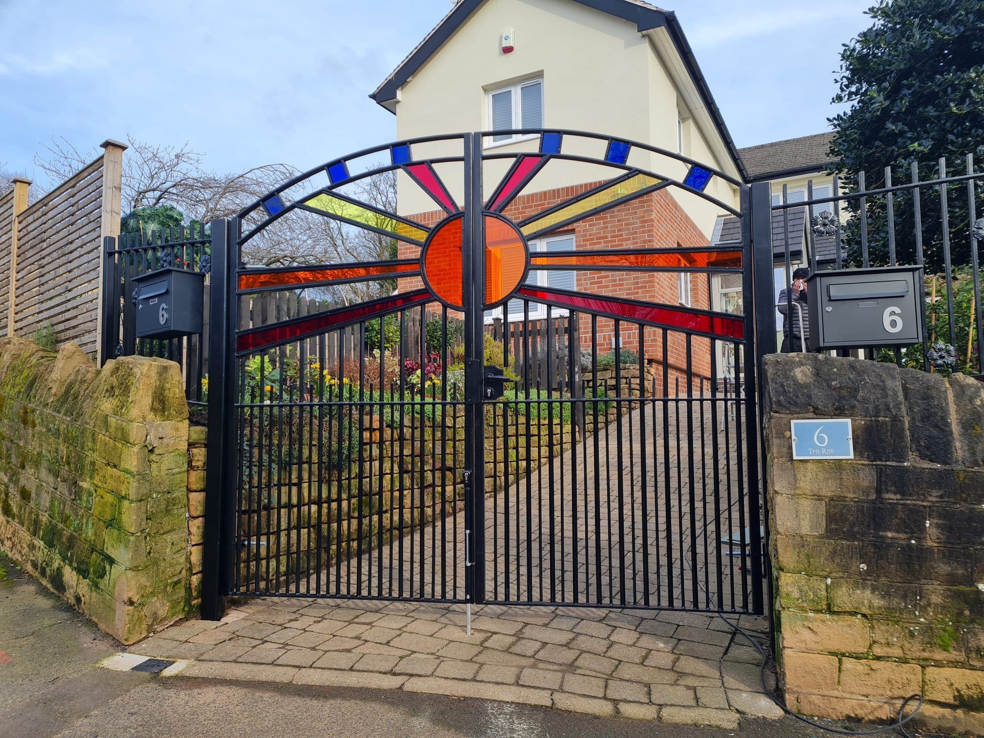 composite gates UK bespoke metal driveway gates with Acrylic stained glass effect infills