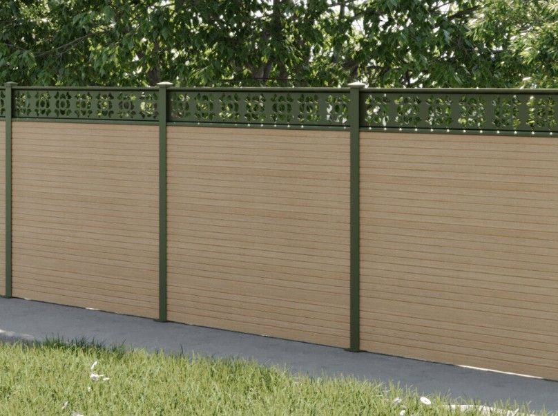 Composite Gates UK olive green decorative trellis on natural timber composite fencing