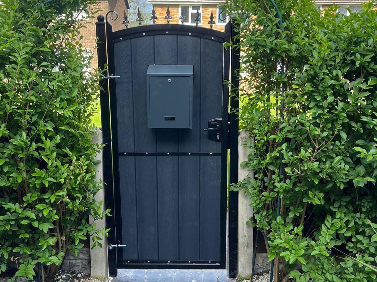 Composite Gates UK front garden pedestrian arched composite garden gate with fleur de lis and letterbox - inside view