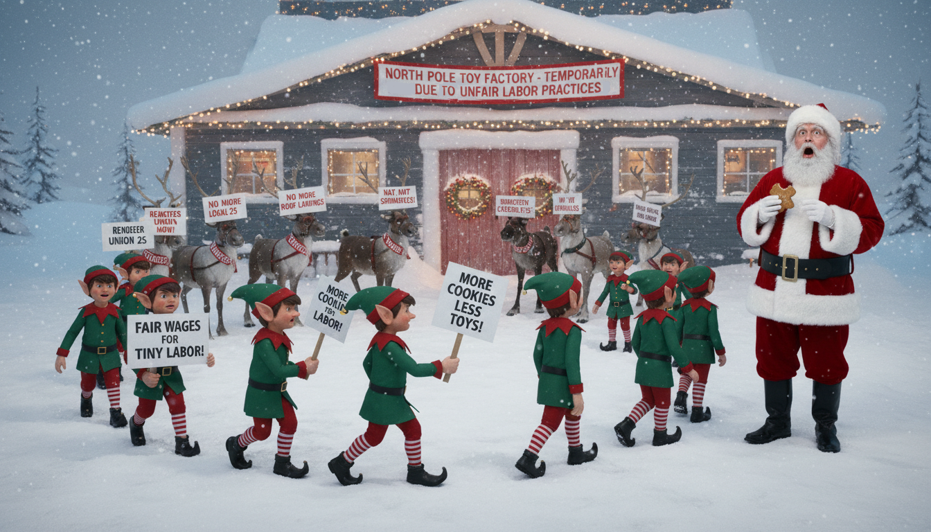 Elves on strike as Santa watches.
