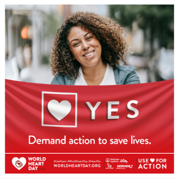 A smiling woman over a banner for World Heart Day