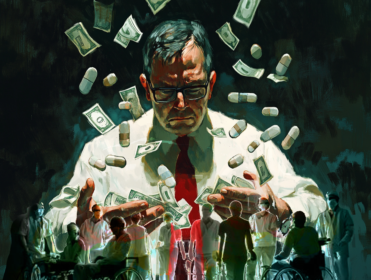 An illustration of the concept of corporate greed by Brian Beauchamp