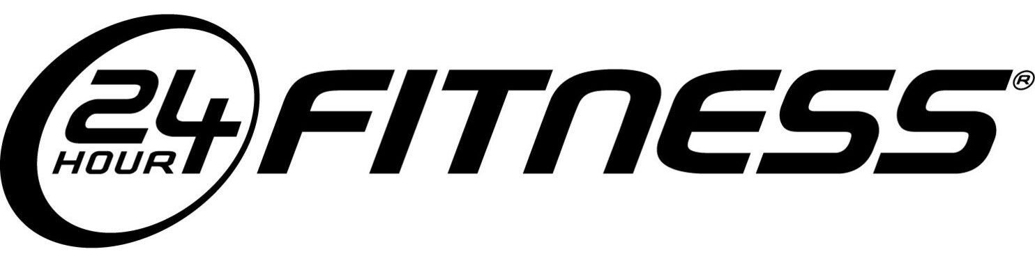 The logo for 24 hour fitness is black and white.