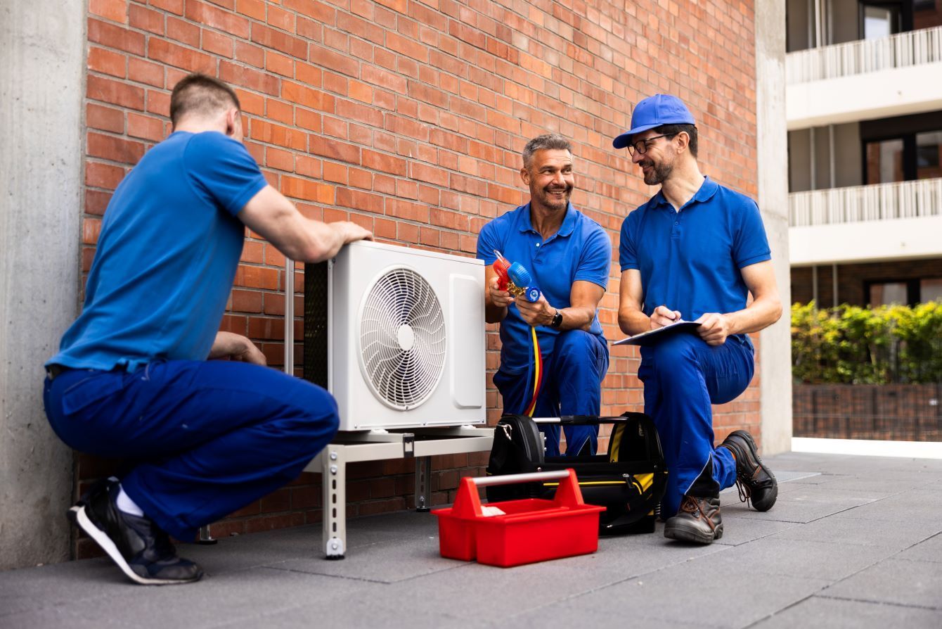 A group of men are working on an air conditioner outside of a building.