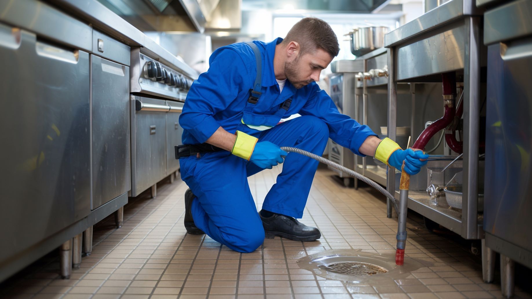 A man is kneeling down in a kitchen looking under a sink.