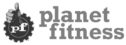 A black and white logo for planet fitness with a hand giving a thumbs up.