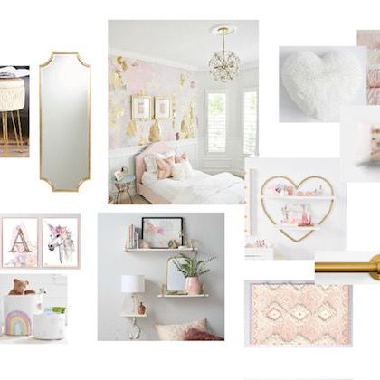 A collage of pictures of a bedroom with a bed , mirror , shelves and a heart on the wall.