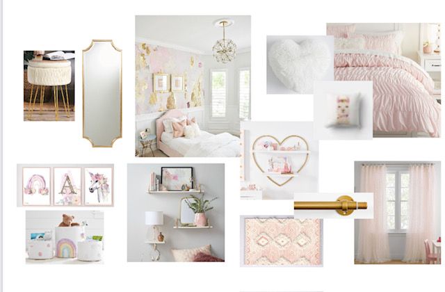 A collage of pictures of a girl 's bedroom with a bed , mirror , shelves and curtains.