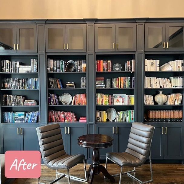A library with a table and chairs and a sign that says after