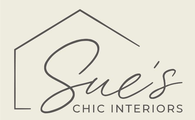 The logo for sue 's chic interiors is a house with a roof.