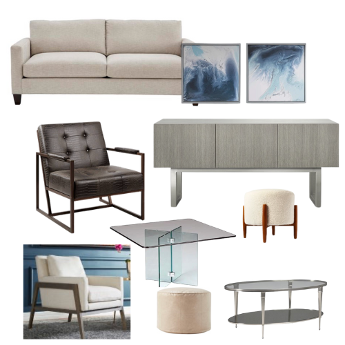 A living room with a couch , chair , coffee table , ottoman and paintings