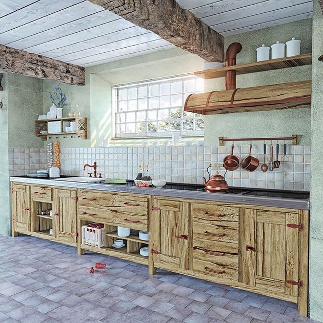 A kitchen with wooden cabinets and a stove top oven