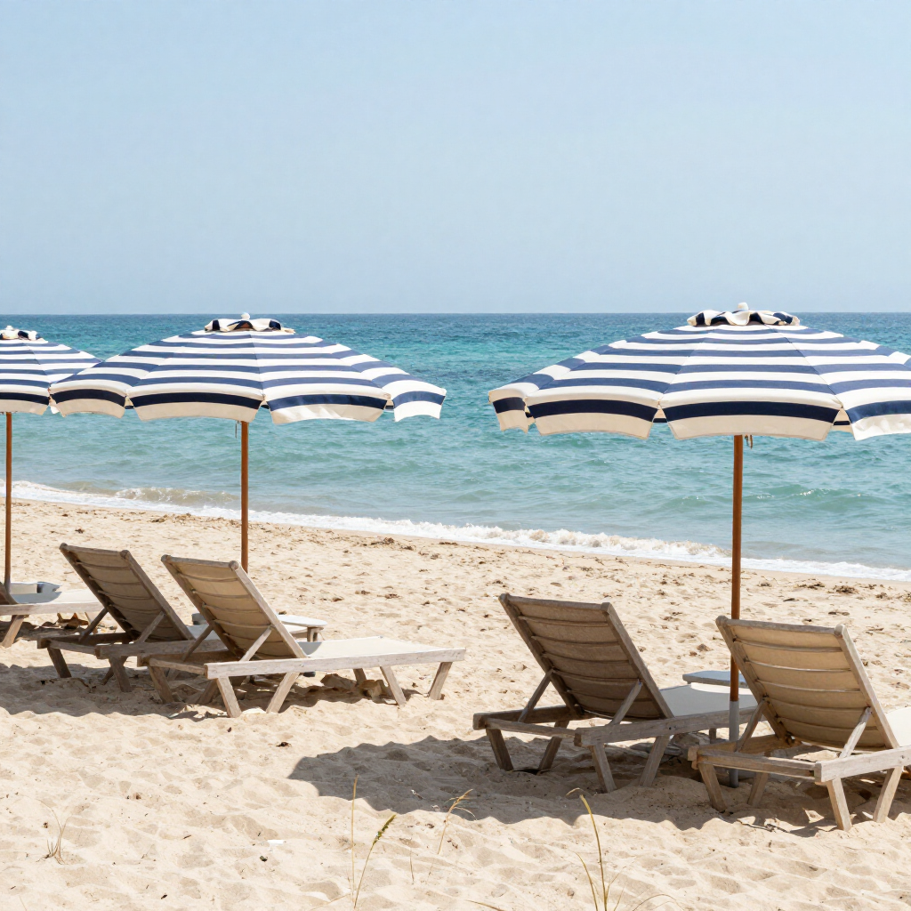 Sedie a sdraio e ombrelloni a righe su una soleggiata spiaggia sabbiosa con un mare blu e calmo sullo sfondo.