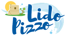 Logo di Lido Pizza con testo blu, mascotte a forma di scatola di pizza e sole giallo su sfondo azzurro.