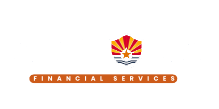 Logo for Arizona Financial Services with blue text and a shield icon featuring the Arizona state flag design.