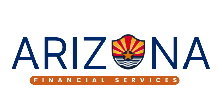 Logo for Arizona Financial Services with blue text and a shield icon featuring the Arizona state flag design.